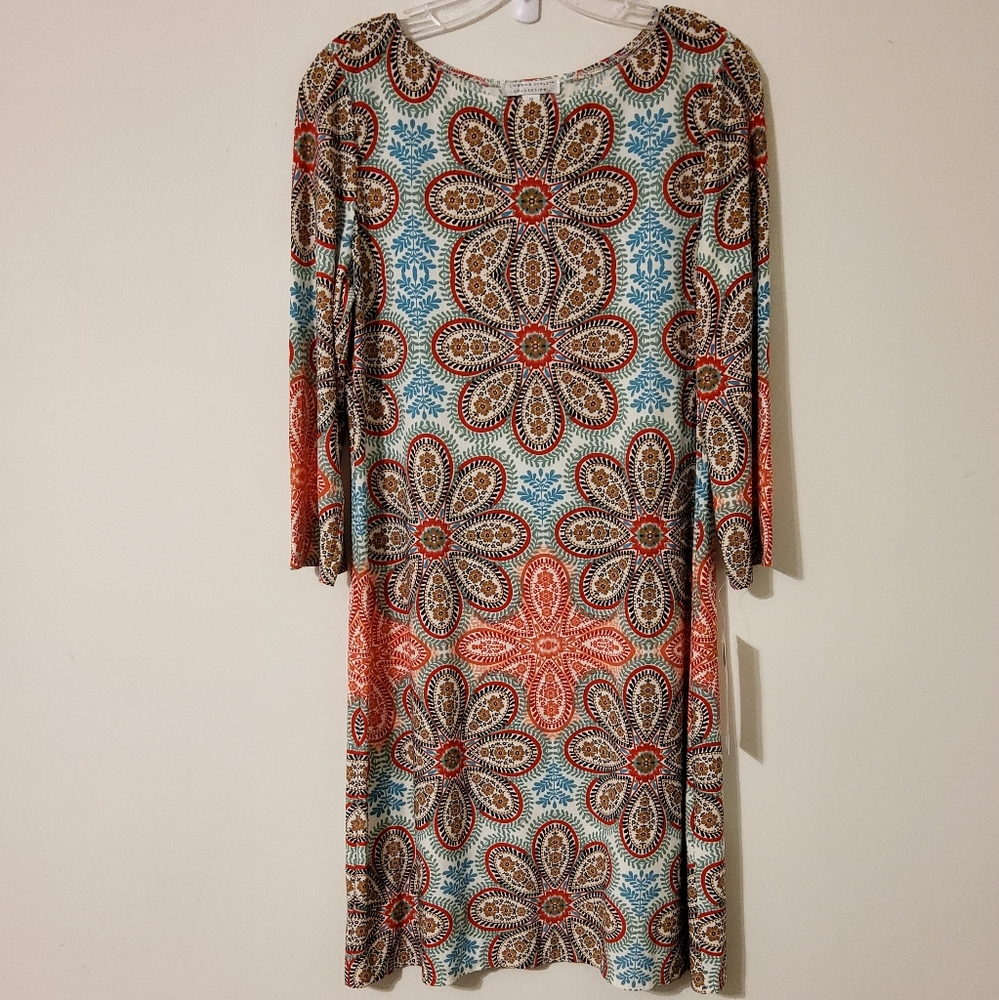 London Style Collection Stretch Aqua Multi 3/4 Sleeve Shift/Tunic Boatneck Sz 12